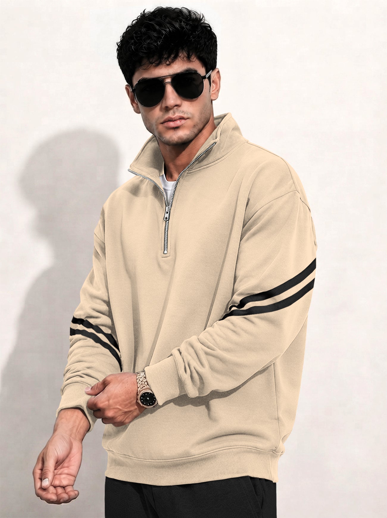 Mens Contrast Stripe Full Sleeve Pullover Sweatshirt Beige