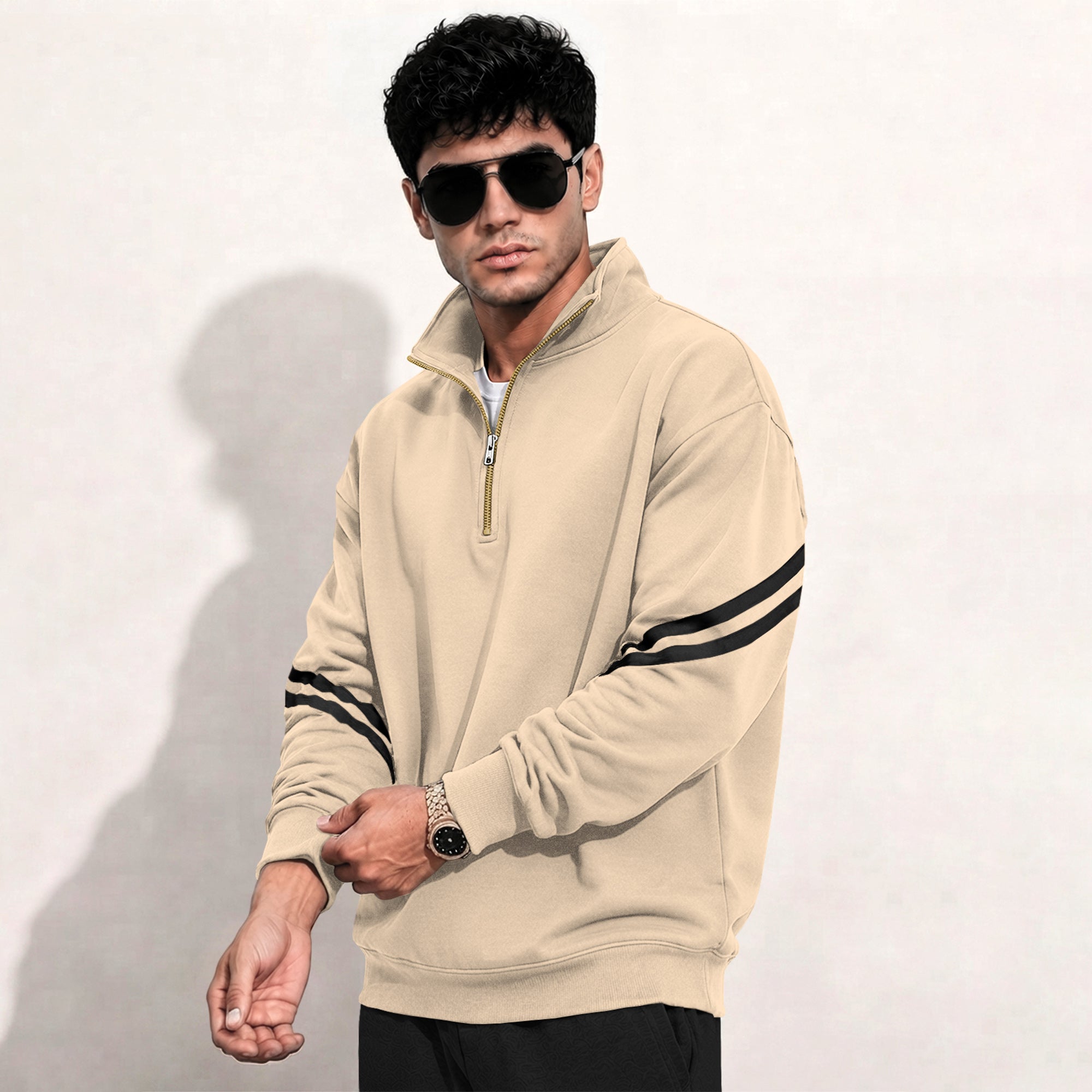 Mens Contrast Stripe Full Sleeve Pullover Sweatshirt Beige