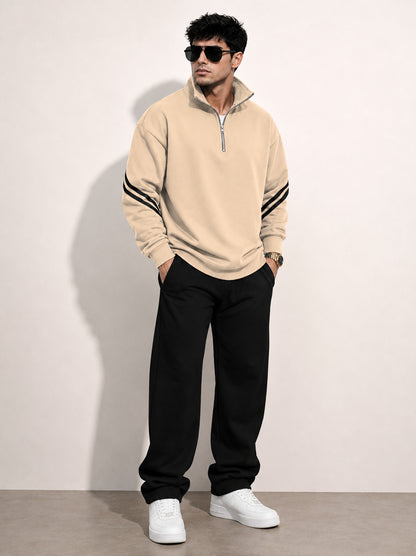 Mens Contrast Stripe Full Sleeve Pullover Sweatshirt Beige
