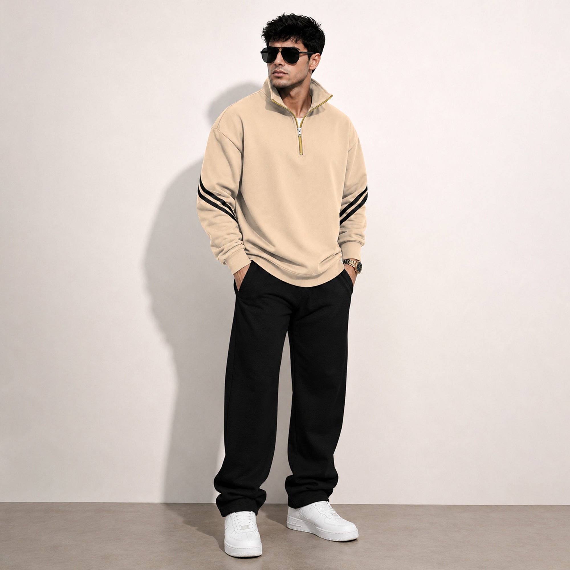 Mens Contrast Stripe Full Sleeve Pullover Sweatshirt Beige