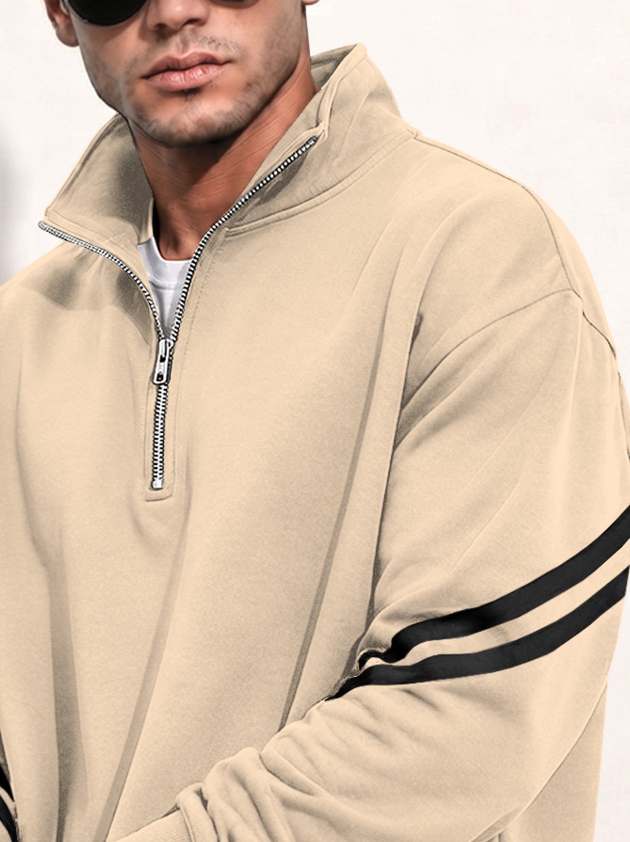 Mens Contrast Stripe Full Sleeve Pullover Sweatshirt Beige