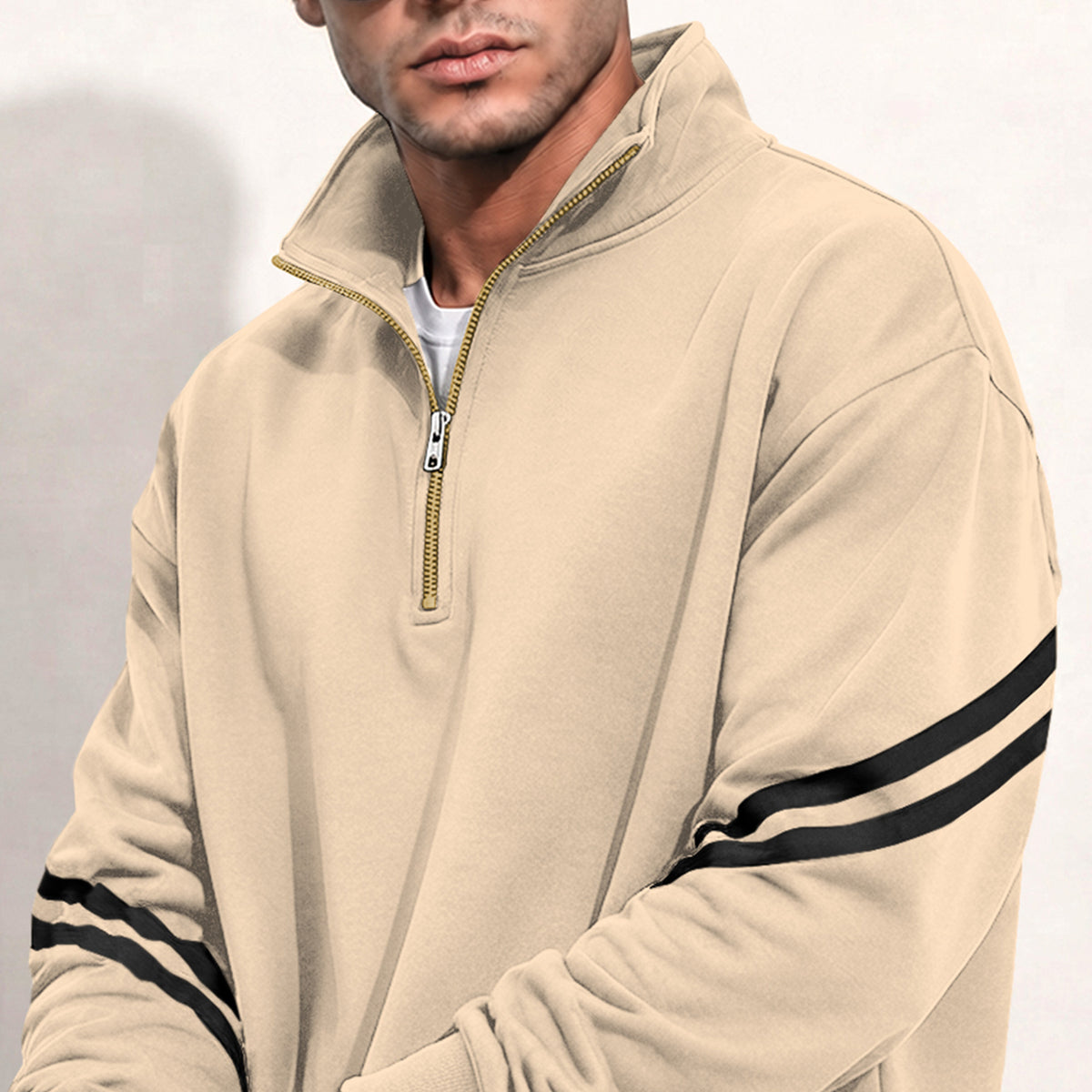 Mens Contrast Stripe Full Sleeve Pullover Sweatshirt Beige