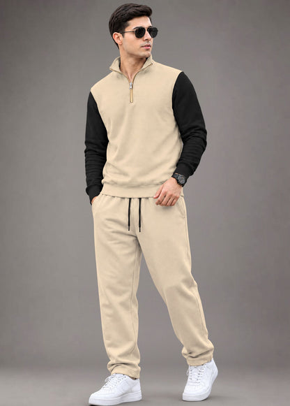 Outfit Set Men Coloblock Sweatshirt & Loose Fit Plain Trackpant