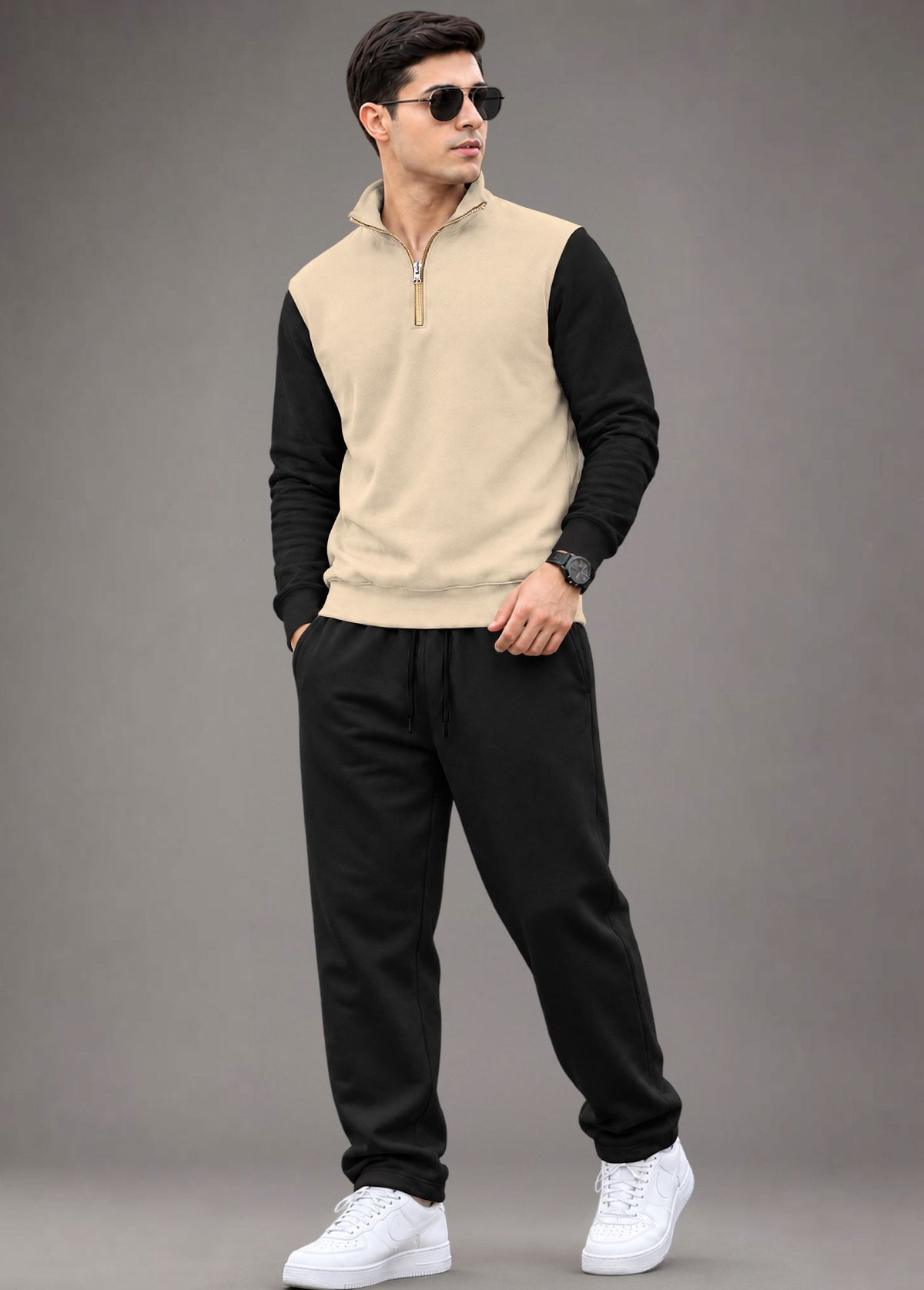 Outfit Set Men Coloblock Sweatshirt & Loose Fit Plain Trackpant