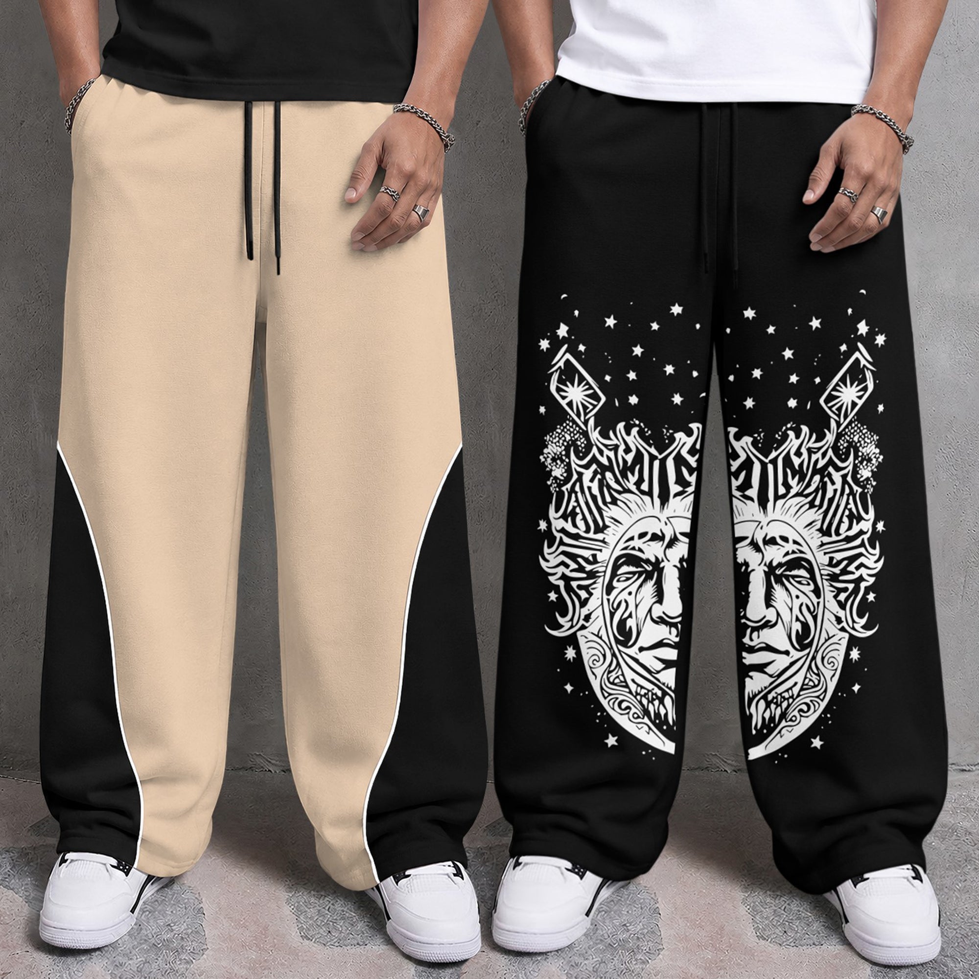 Mens Printed and Solid Baggy Track Pants Combo – Pack of 2