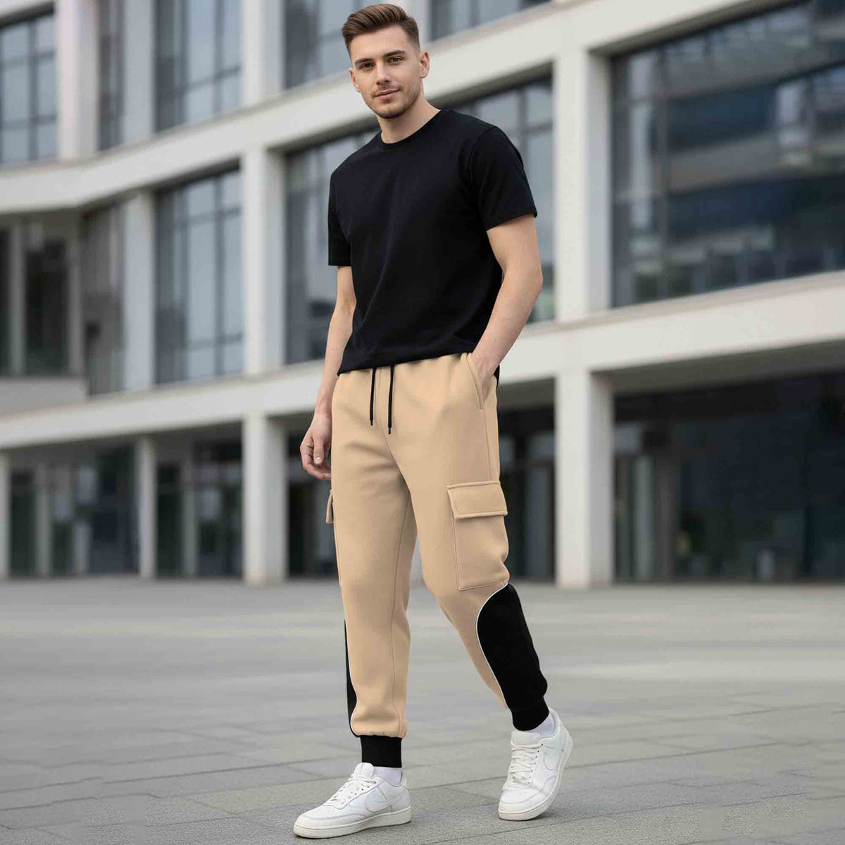 Colorblocked Multipockets Cargo Jogger Beige & Black