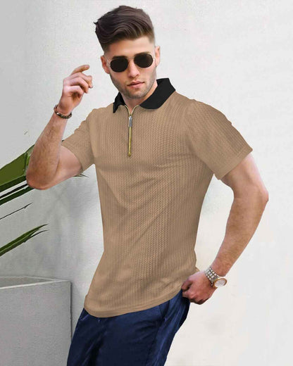Men Half Sleeve Plain Beige & Black Textured Waffle T-Shirt
