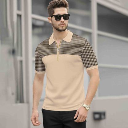 Quarter Zip Polo Neck Dual Color Printed Half Sleeve TSHIRT Beige & Black