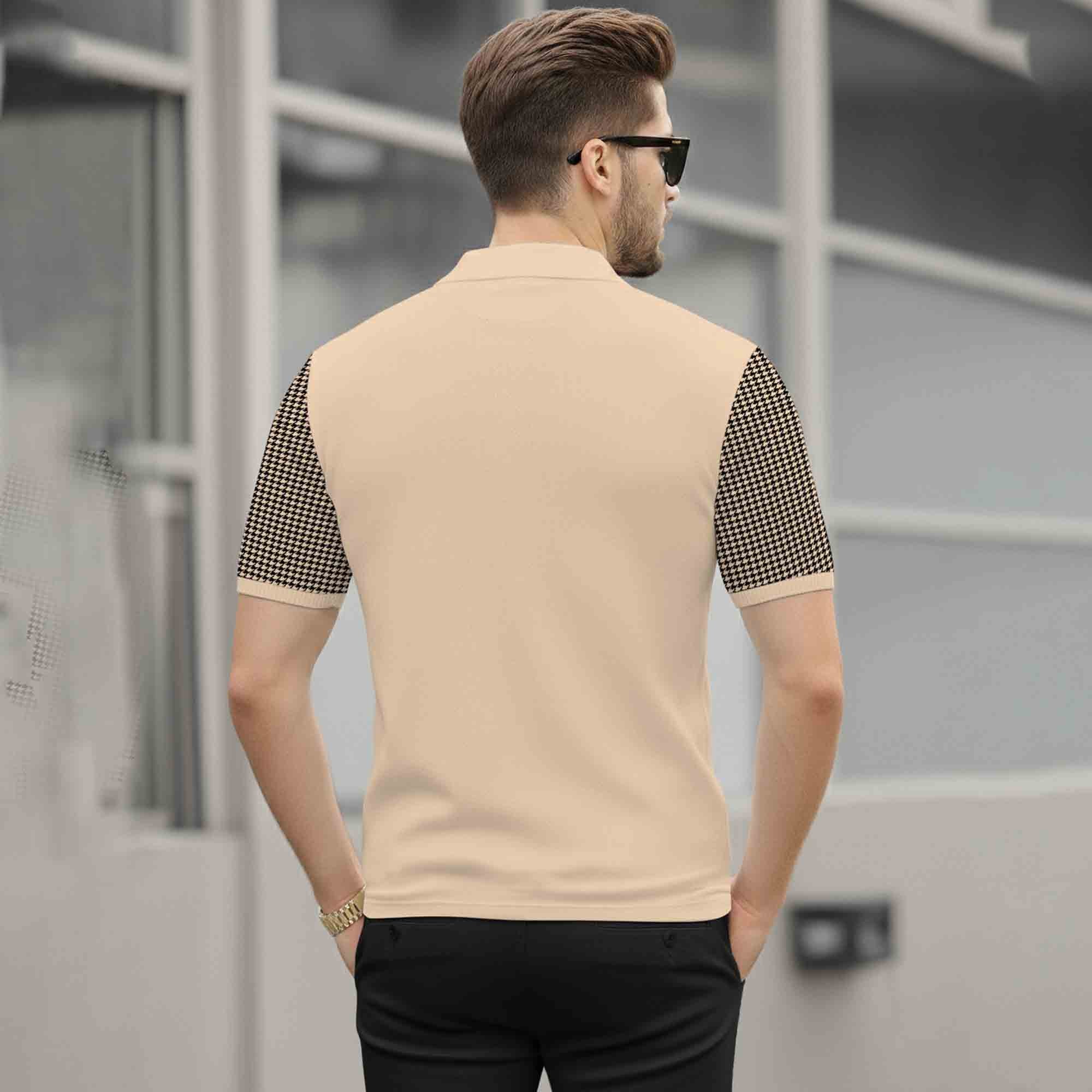 Quarter Zip Polo Neck Dual Color Printed Half Sleeve TSHIRT Beige & Black