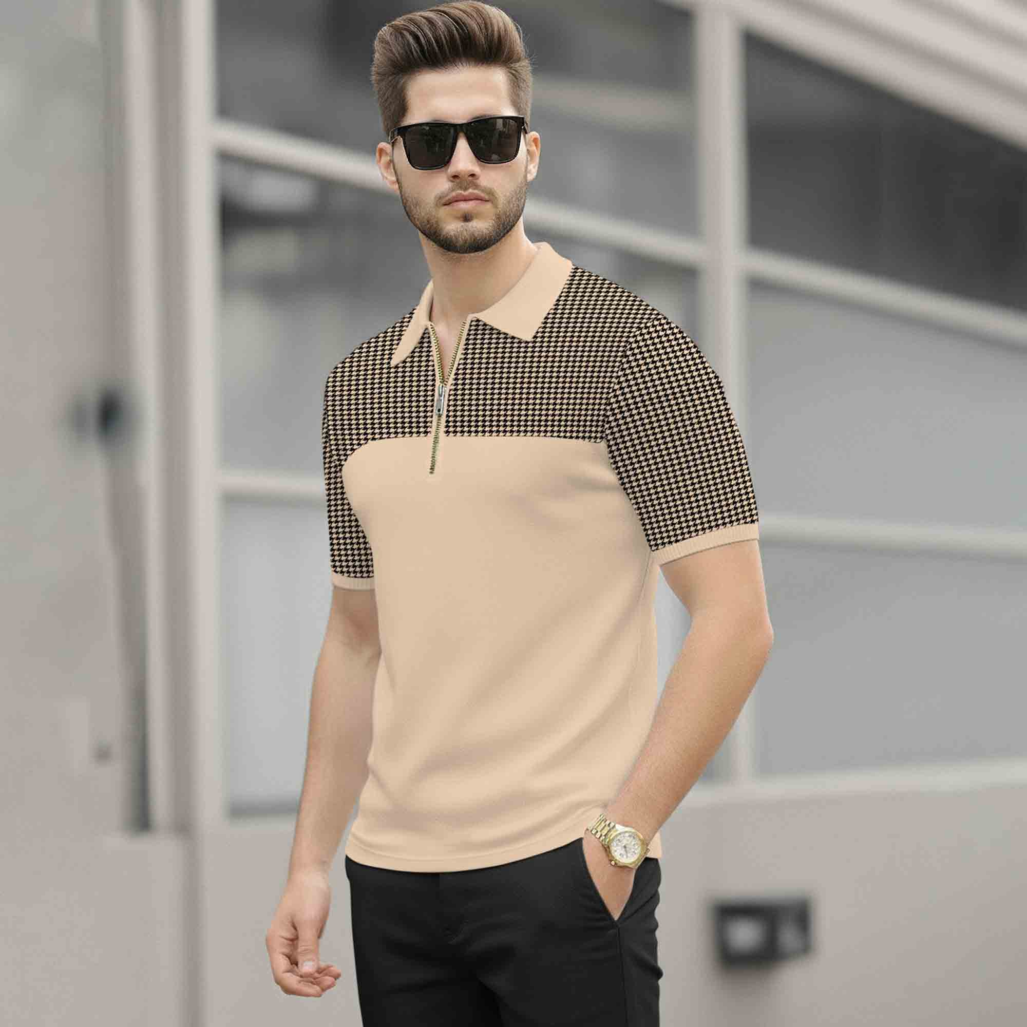 Quarter Zip Polo Neck Dual Color Printed Half Sleeve TSHIRT Beige