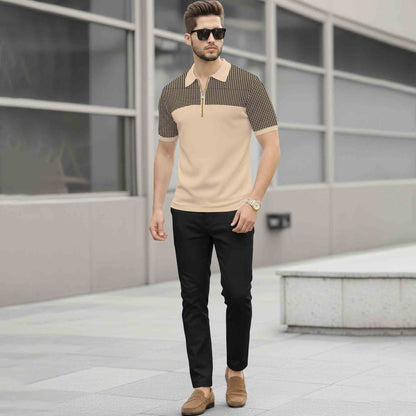 Quarter Zip Polo Neck Dual Color Printed Half Sleeve TSHIRT Beige & Black