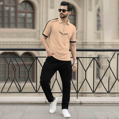 Men Quarter Zip Polo Neck Half Sleeve T-SHIRT Beige & Black