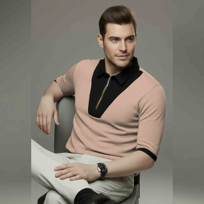 Quarter Zip Colorblocked Polo Neck Half Sleeve Tshirt Beige