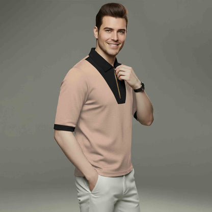 Quarter Zip Colorblocked Polo Neck Half Sleeve Tshirt Beige