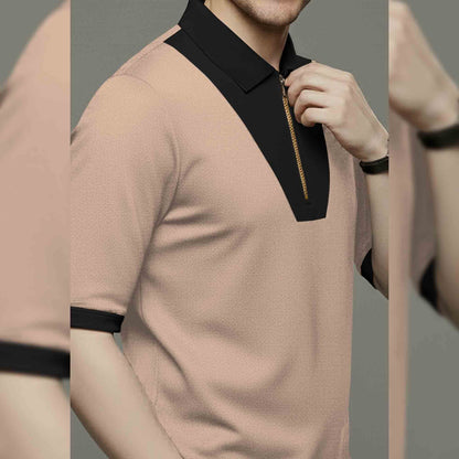 Quarter Zip Colorblocked Polo Neck Half Sleeve Tshirt Beige
