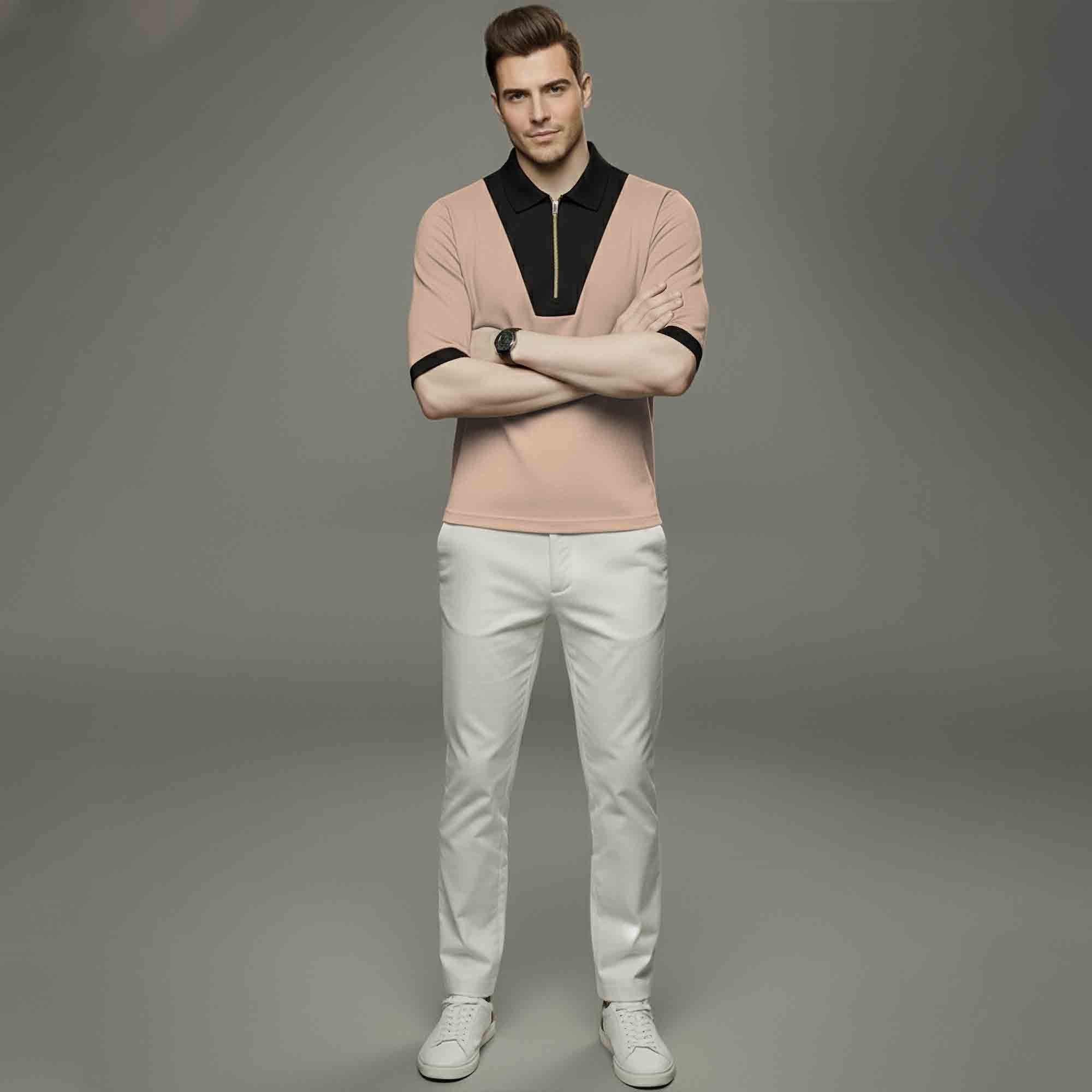 Quarter Zip Colorblocked Polo Neck Half Sleeve Tshirt Beige