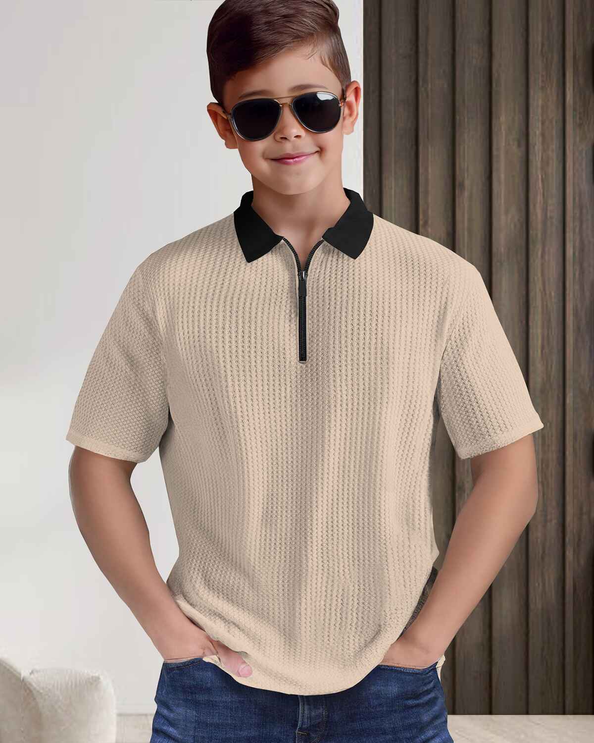 Boy Half Sleeve Beige & Black Plain Textured T-shirt