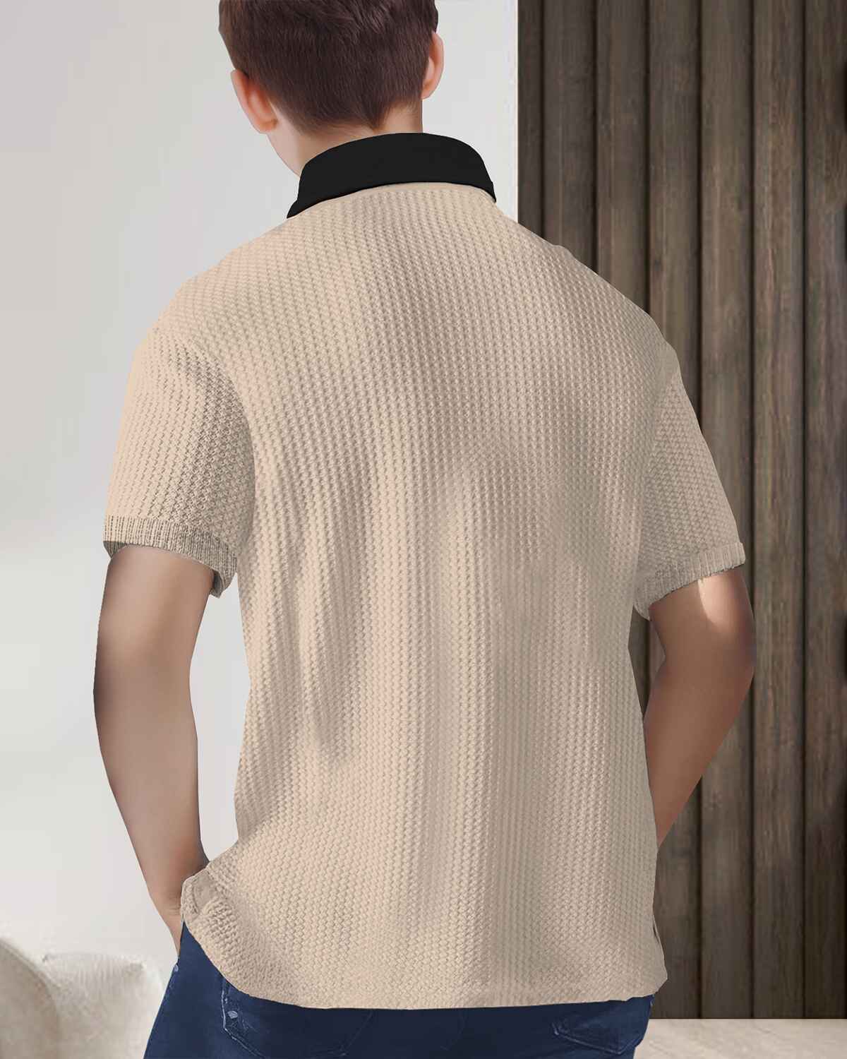 Boy Half Sleeve Beige & Black Plain Textured T-shirt