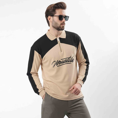 Men Colorblock Polo Neck Full Sleeve T-Shirt Beige & Black