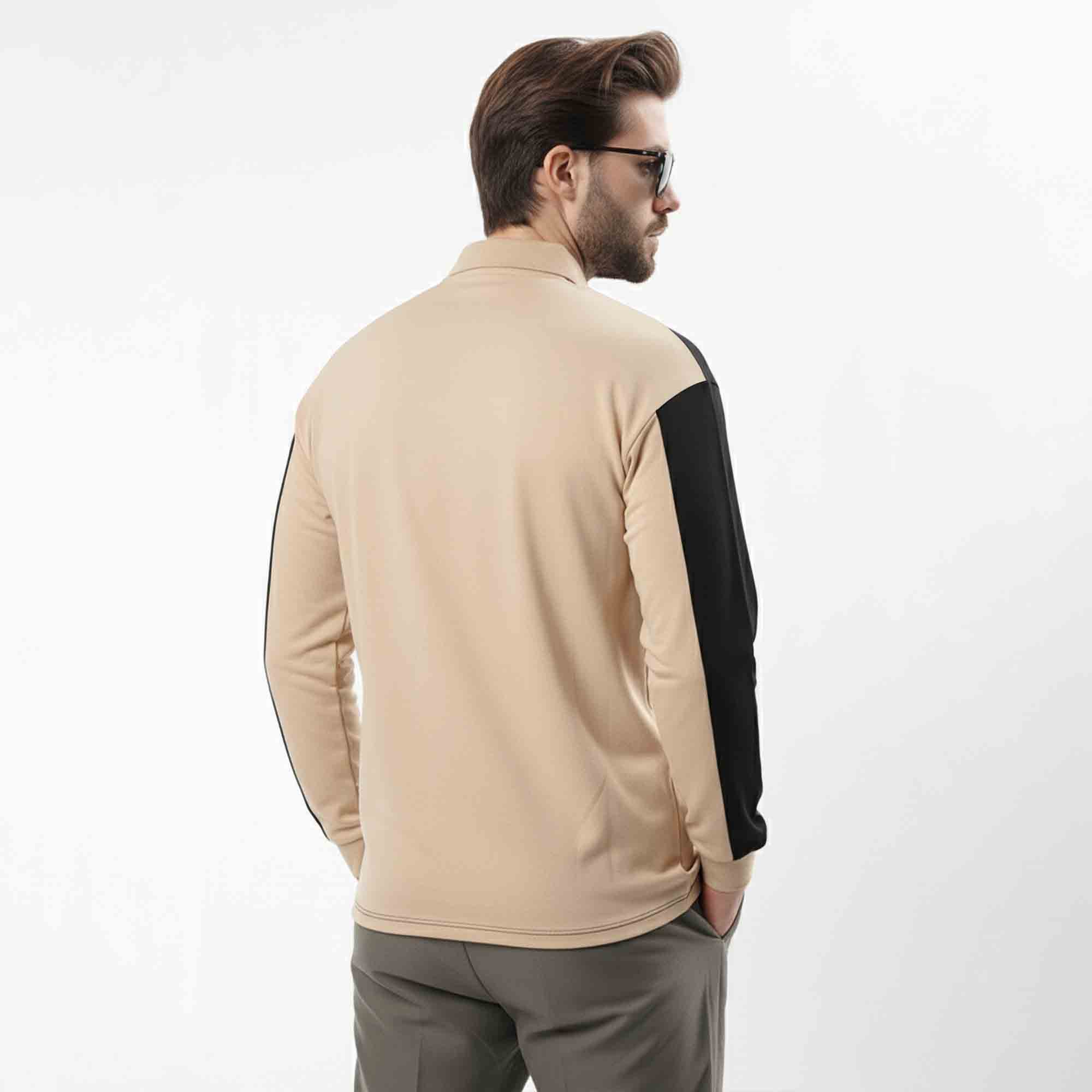 Men Colorblock Polo Neck Full Sleeve T-Shirt Beige & Black