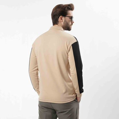 Men Colorblock Polo Neck Full Sleeve T-Shirt Beige & Black