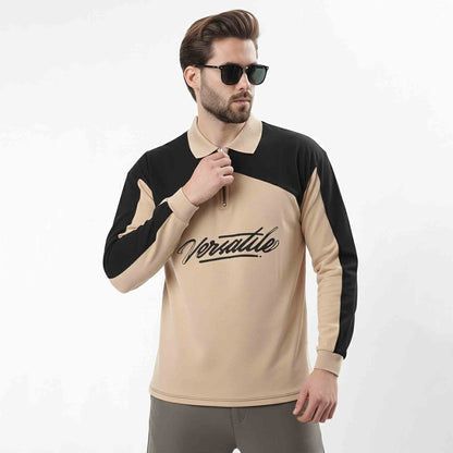 Men Colorblock Polo Neck Full Sleeve T-Shirt Beige & Black