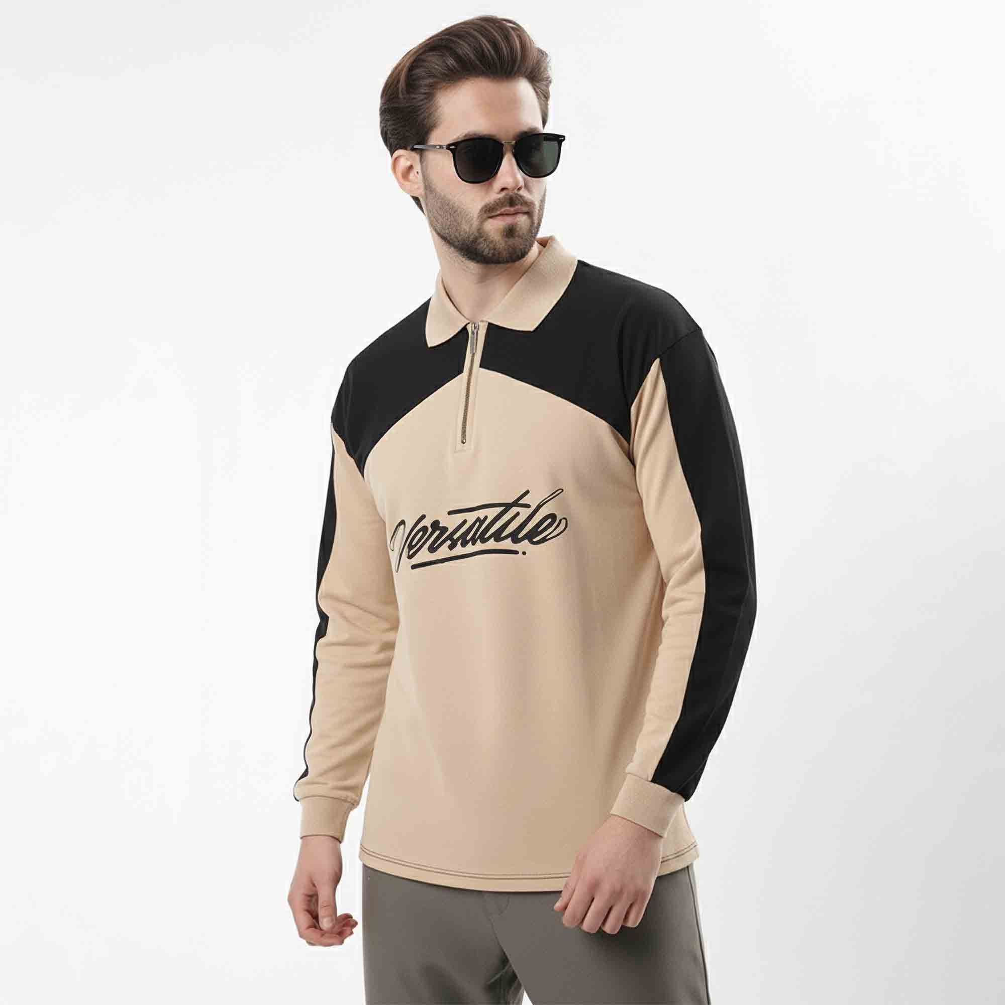 Men Colorblock Polo Neck Full Sleeve T-Shirt Beige & Black