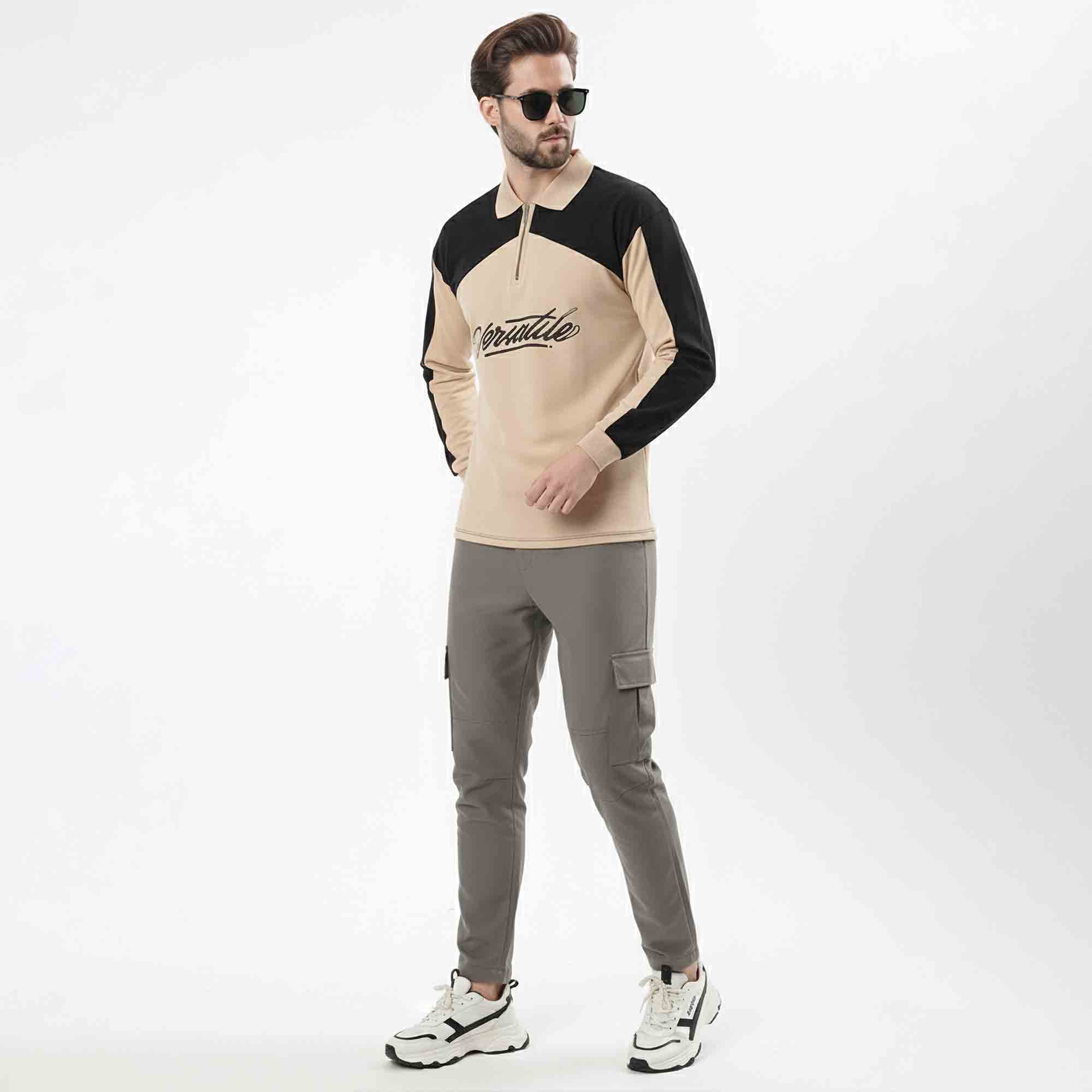 Men Colorblock Polo Neck Full Sleeve T-Shirt Beige & Black