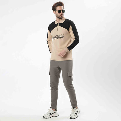 Men Colorblock Polo Neck Full Sleeve T-Shirt Beige & Black