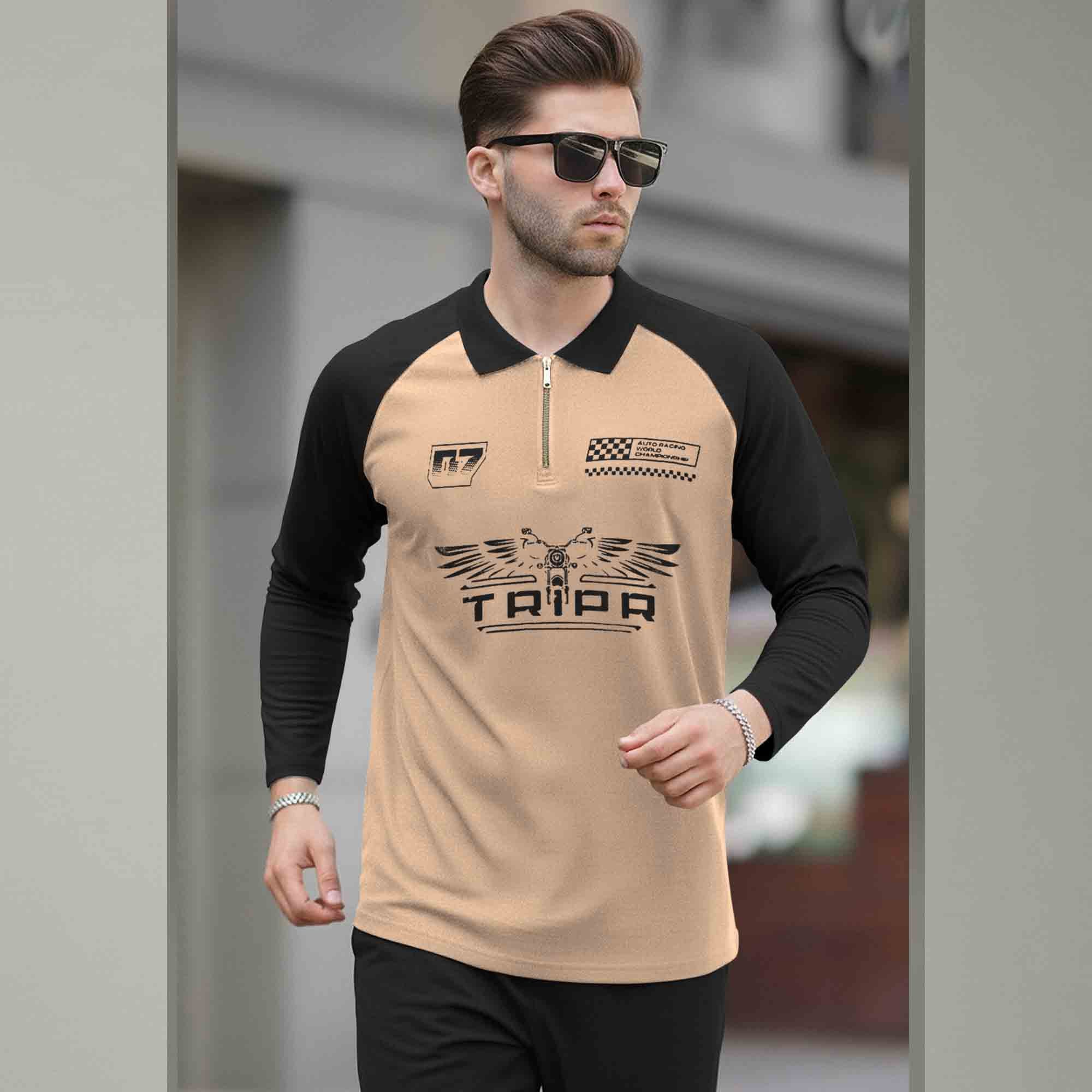 Men Colorblock Quarter Zip Polo Neck Full Sleeve T-shirt Beige & Black