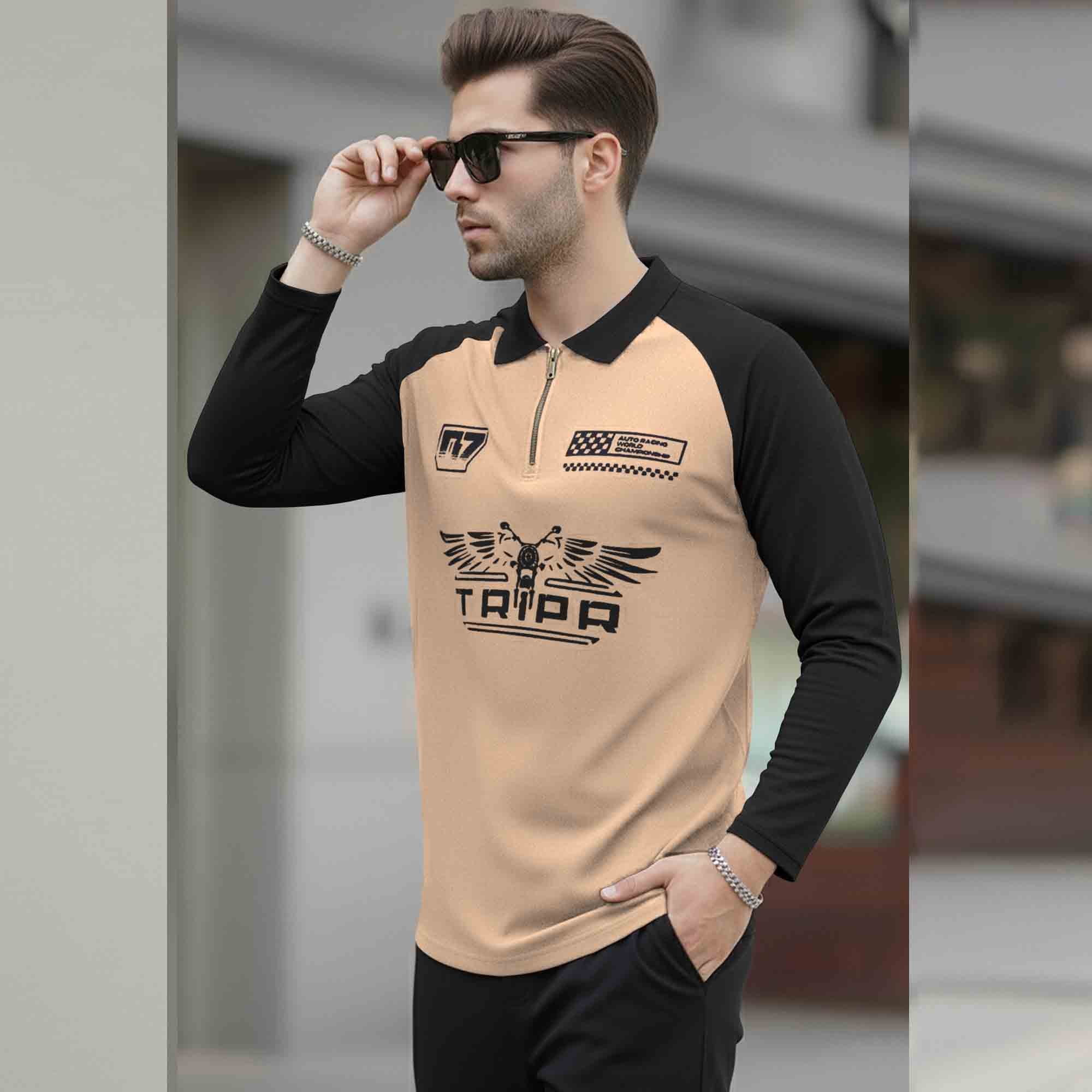 Men Colorblock Quarter Zip Polo Neck Full Sleeve T-shirt Beige & Black