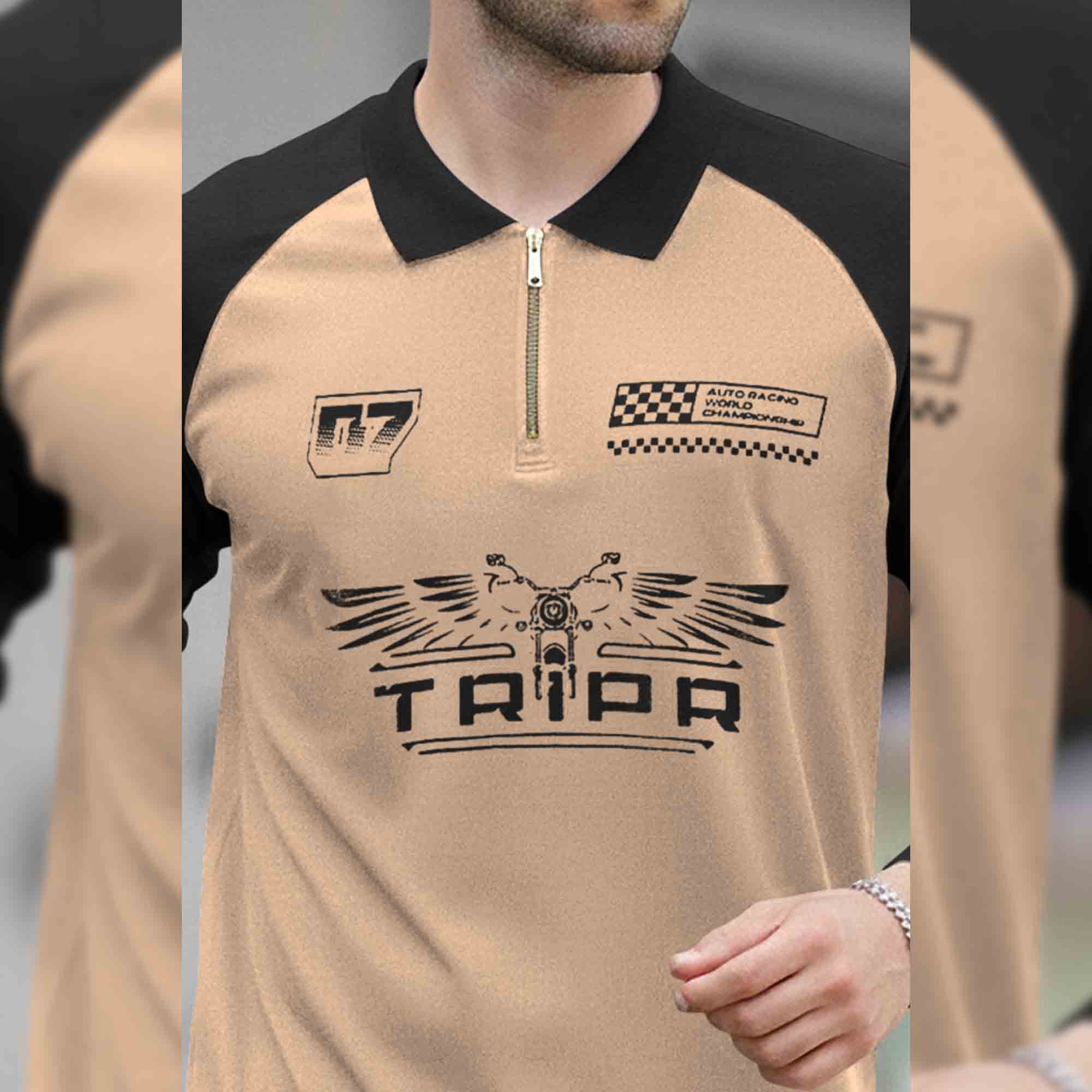 Men Colorblock Quarter Zip Polo Neck Full Sleeve T-shirt Beige & Black