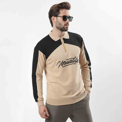 Mens Versatile Printed Polo Neck Sweatshirt Beige