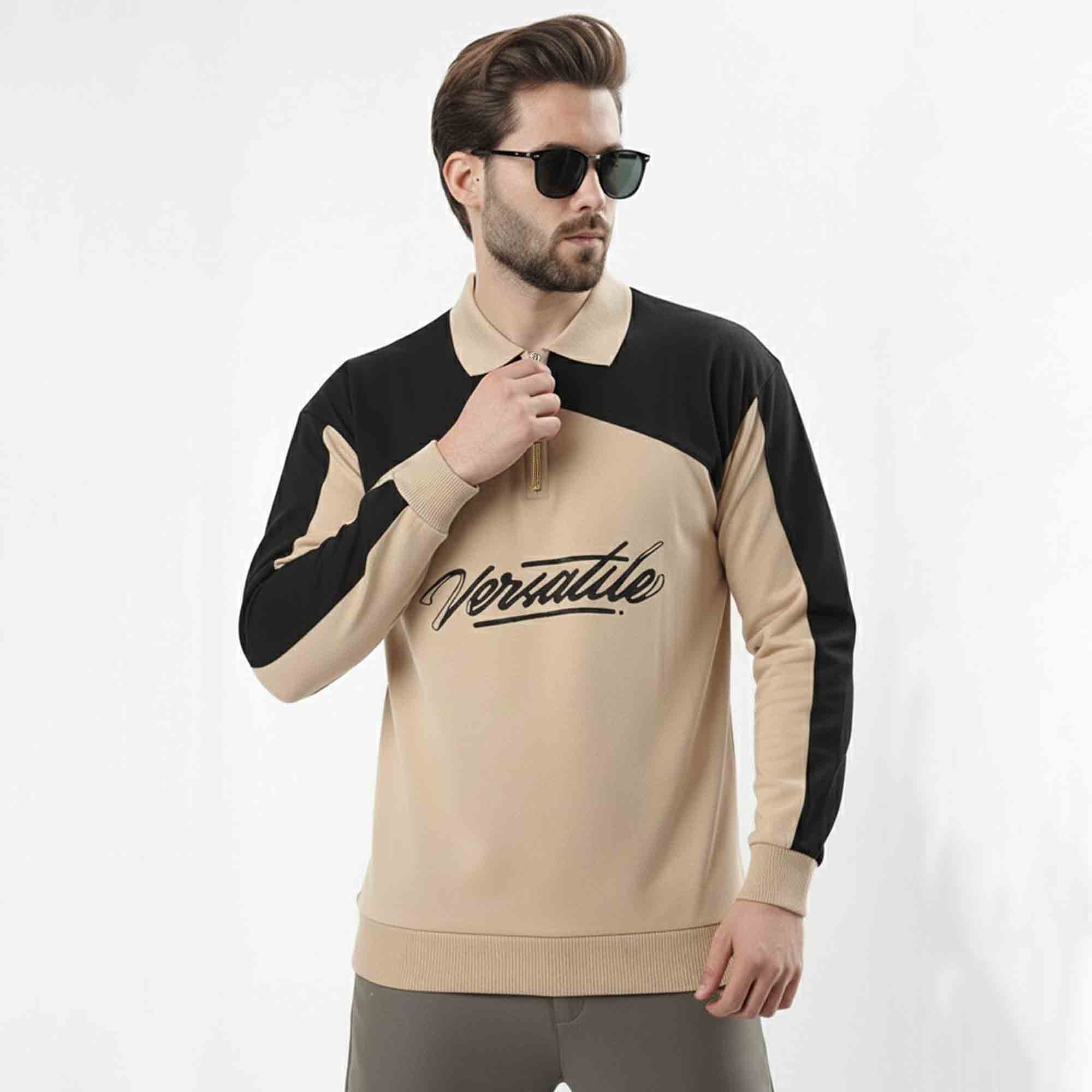 Mens Versatile Printed Polo Neck Sweatshirt Beige