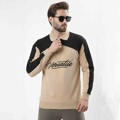 Mens Versatile Printed Polo Neck Sweatshirt Beige