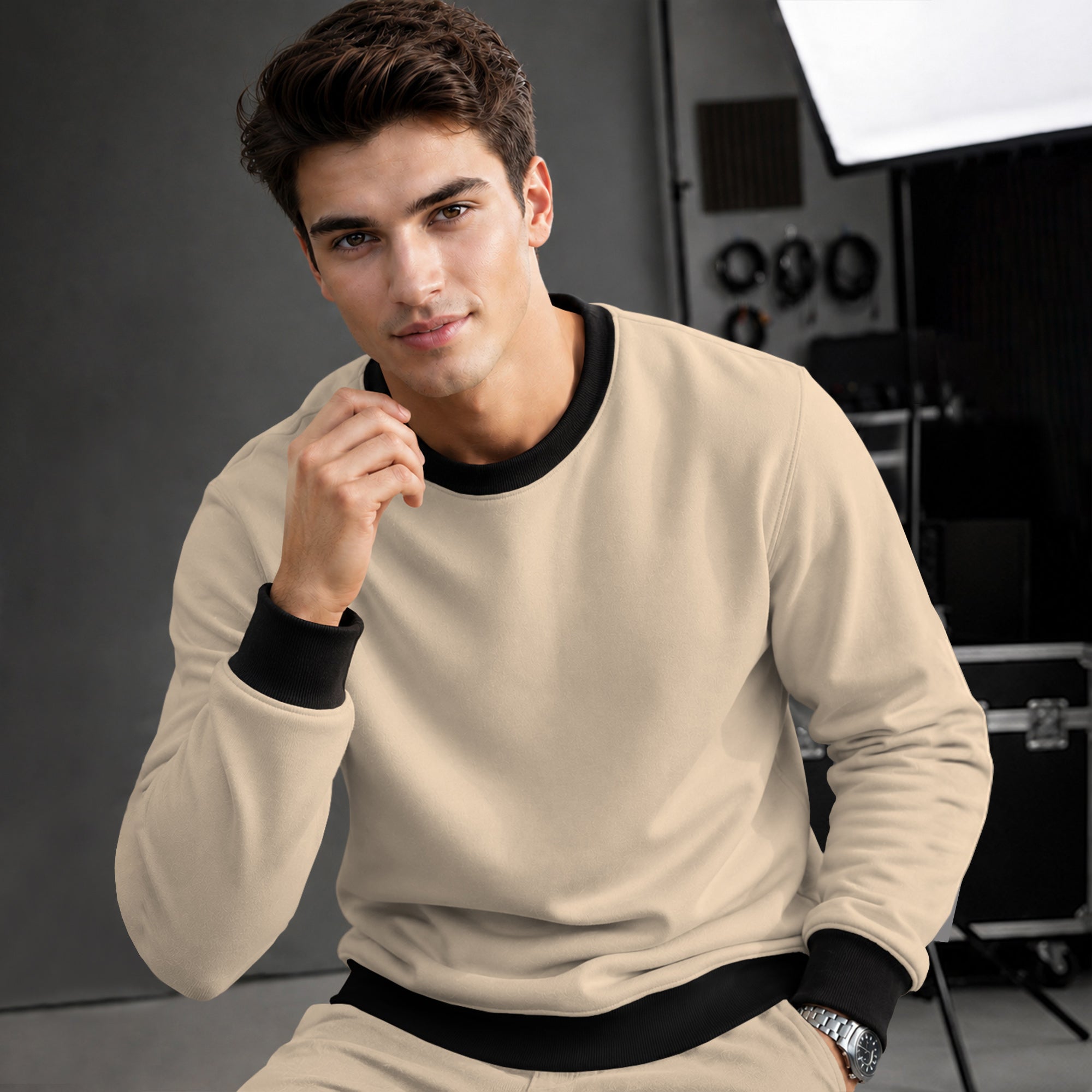 Mens Colorblocked Full Sleeve Round Neck Winter Sweatshirt Beige|Black