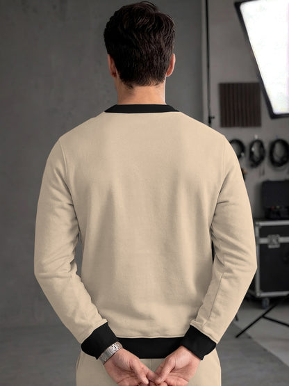 Mens Colorblocked Full Sleeve Round Neck Winter Sweatshirt Beige|Black