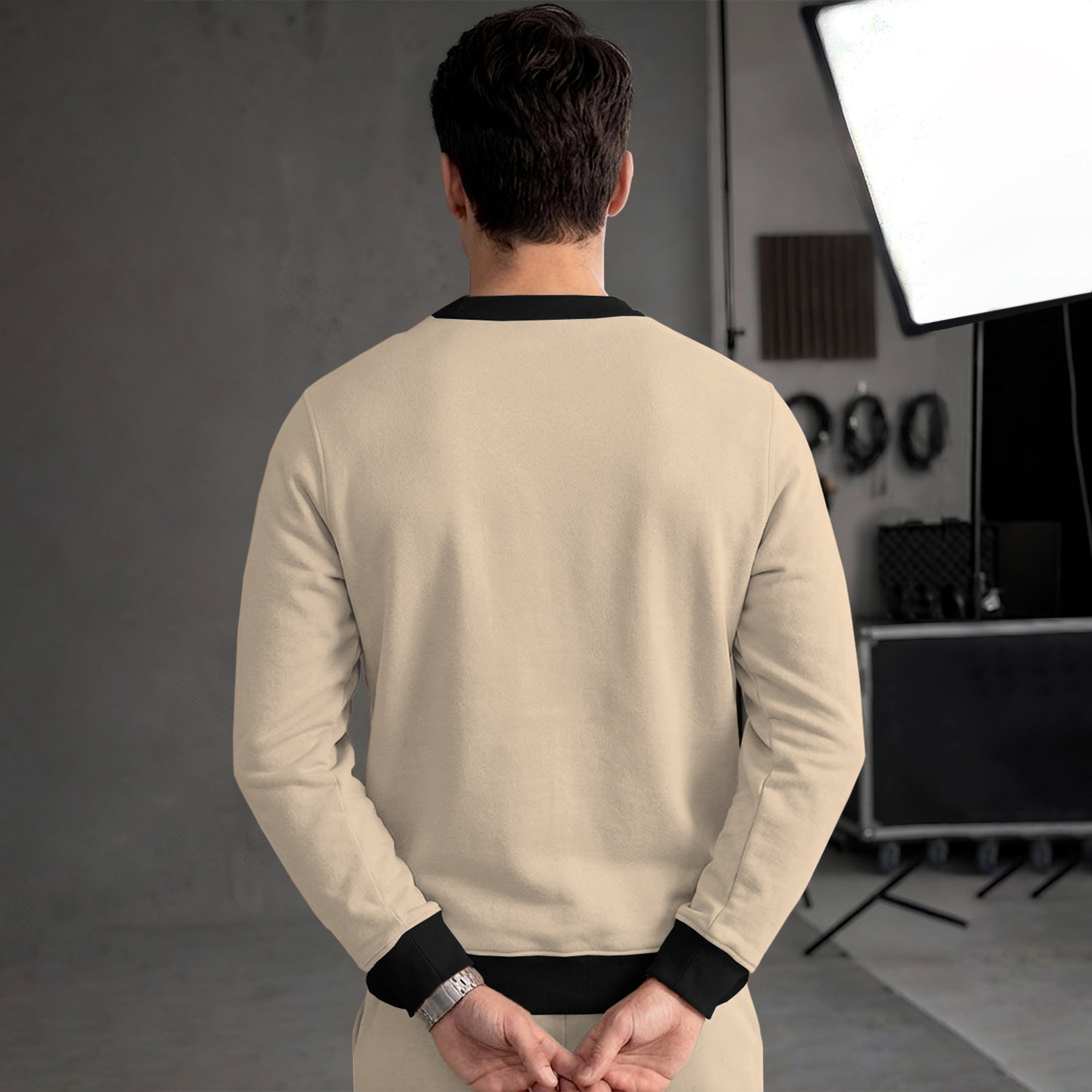 Mens Colorblocked Full Sleeve Round Neck Winter Sweatshirt Beige|Black