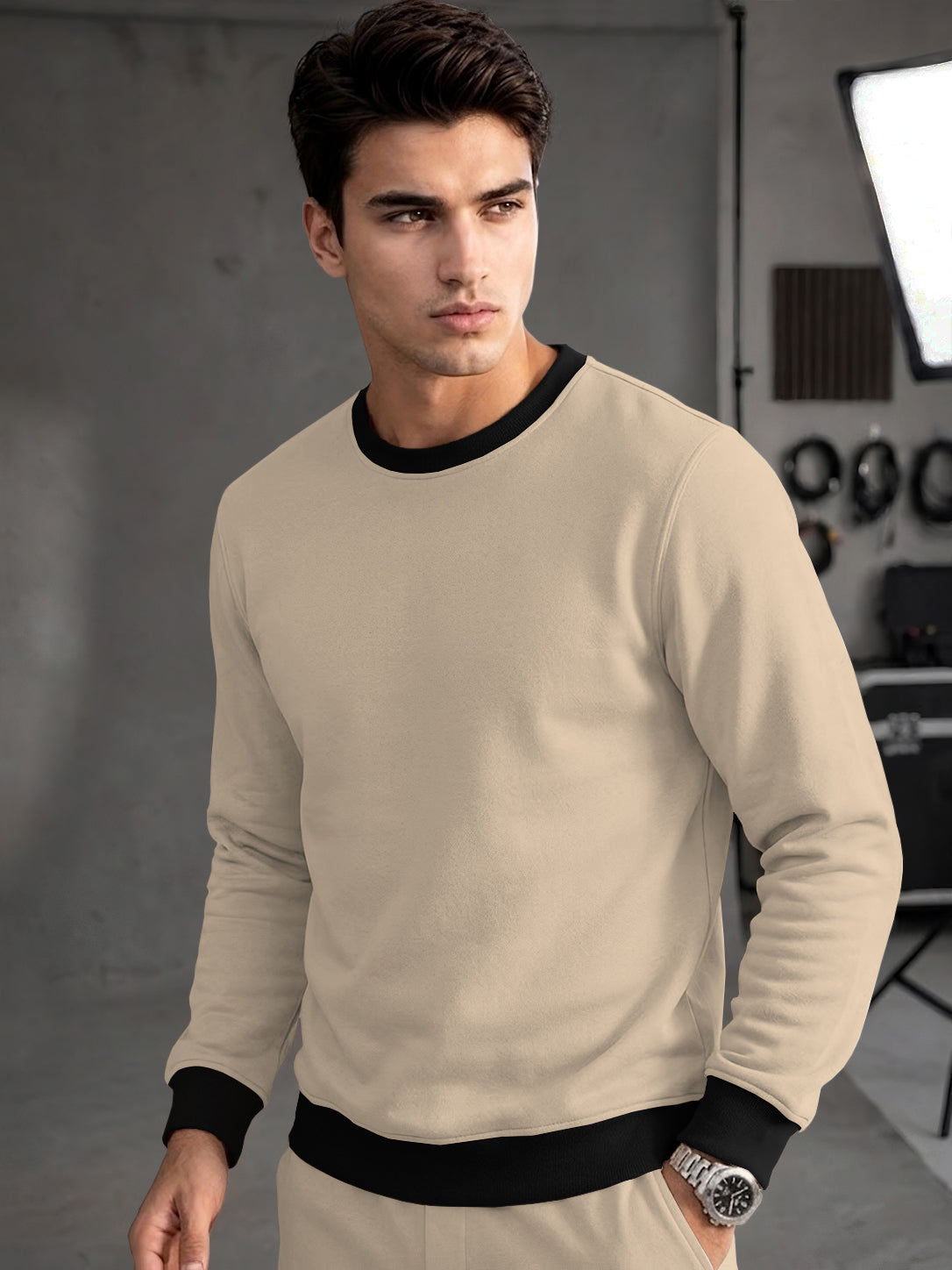 Mens Colorblocked Full Sleeve Round Neck Winter Sweatshirt Beige|Black