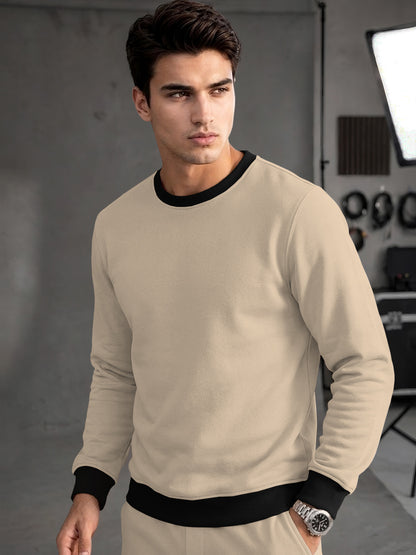 Mens Colorblocked Full Sleeve Round Neck Winter Sweatshirt Beige|Black