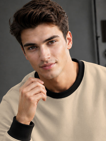 Mens Colorblocked Full Sleeve Round Neck Winter Sweatshirt Beige|Black