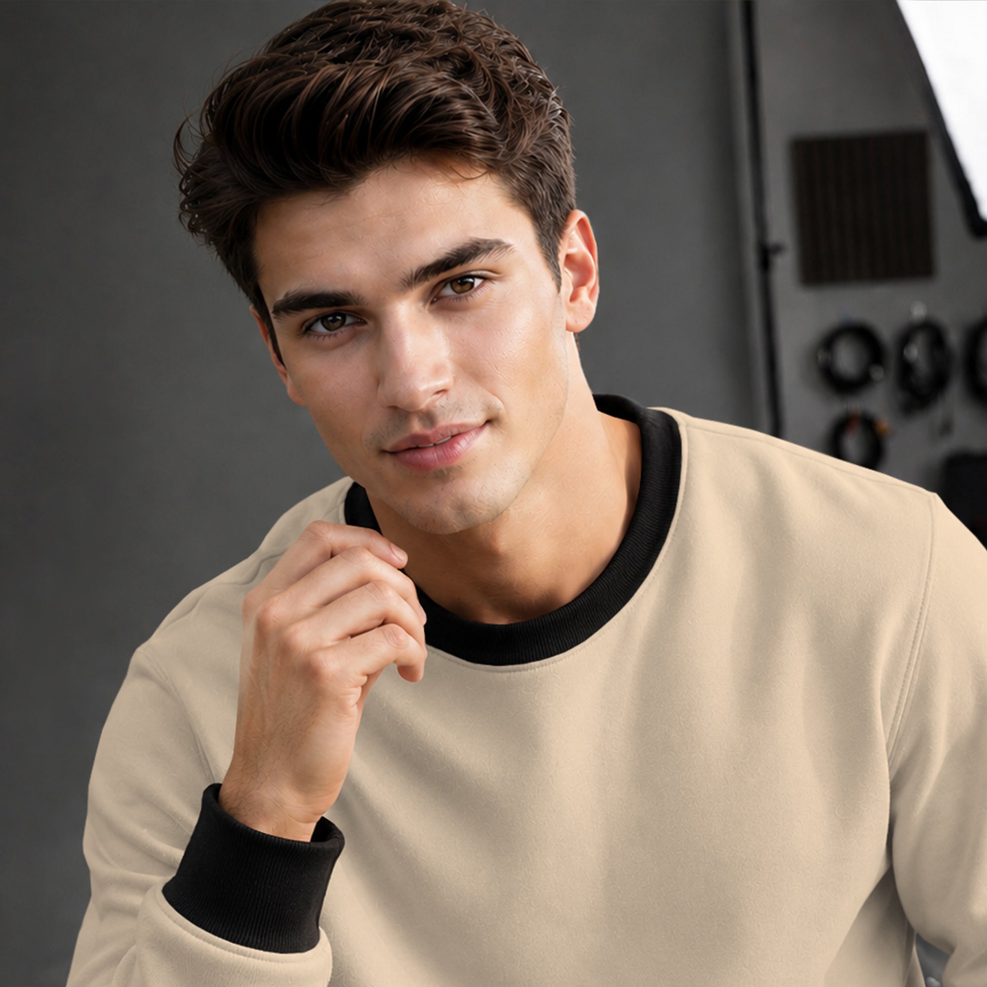 Mens Colorblocked Full Sleeve Round Neck Winter Sweatshirt Beige|Black