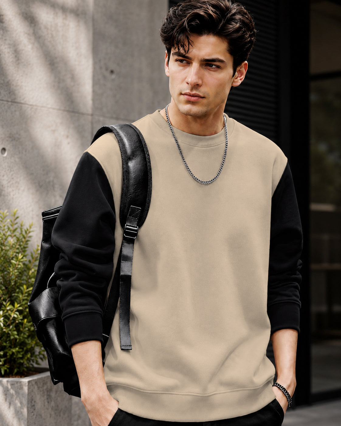Mens Contrast Sleeve Round Neck Sweatshirt Beige