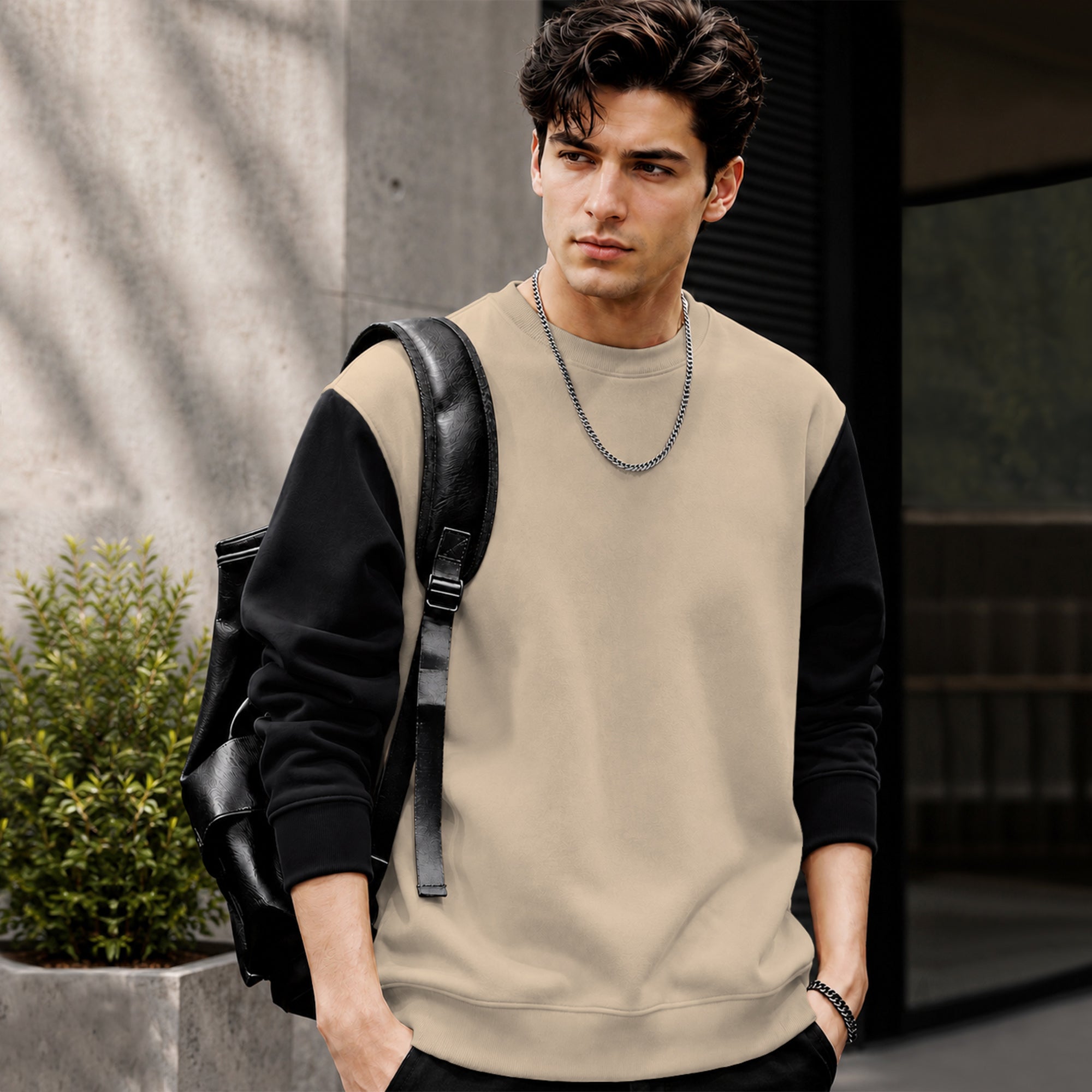 Mens Contrast Sleeve Round Neck Sweatshirt Beige