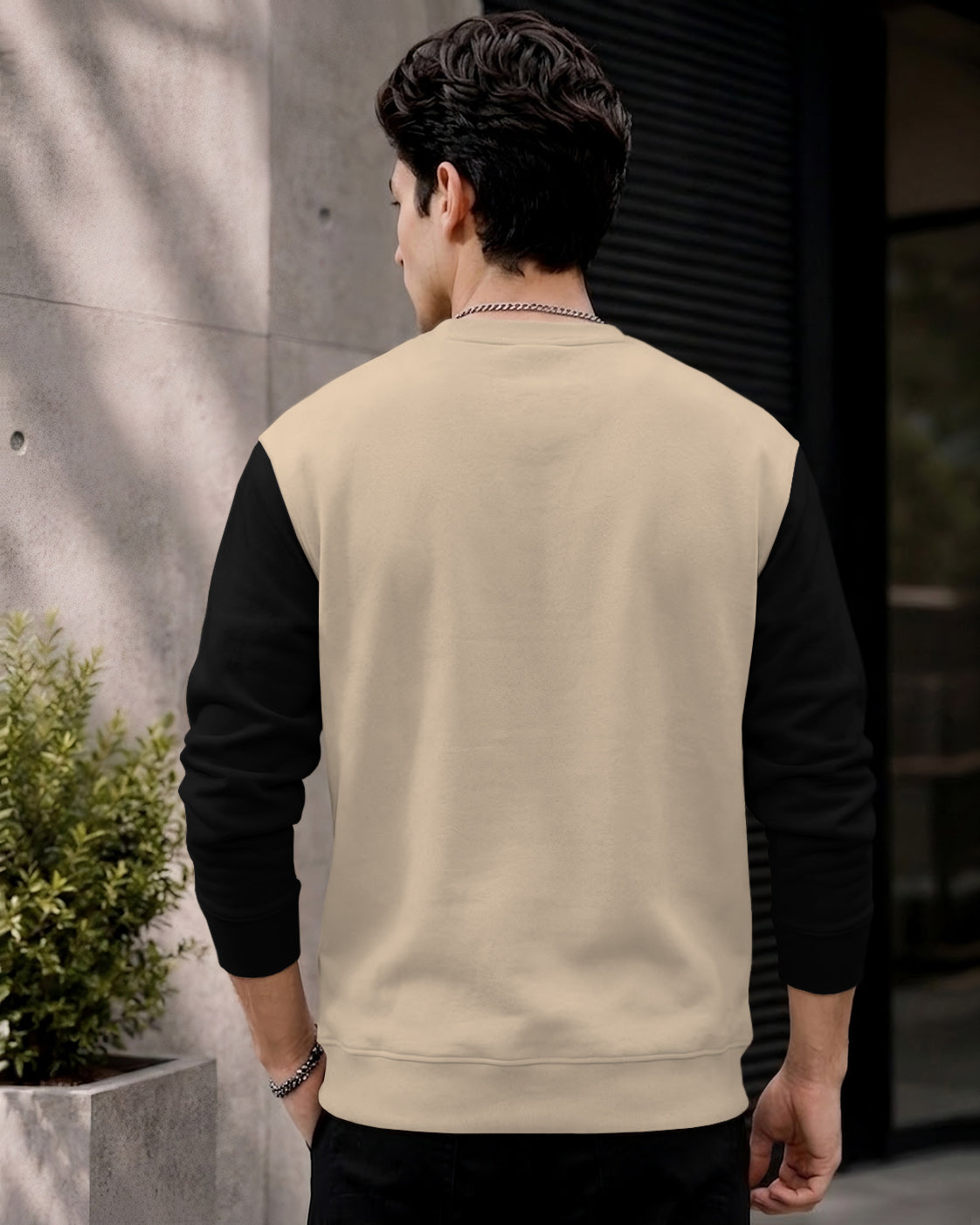 Mens Contrast Sleeve Round Neck Sweatshirt Beige