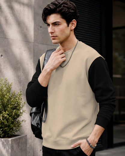 Mens Contrast Sleeve Round Neck Sweatshirt Beige
