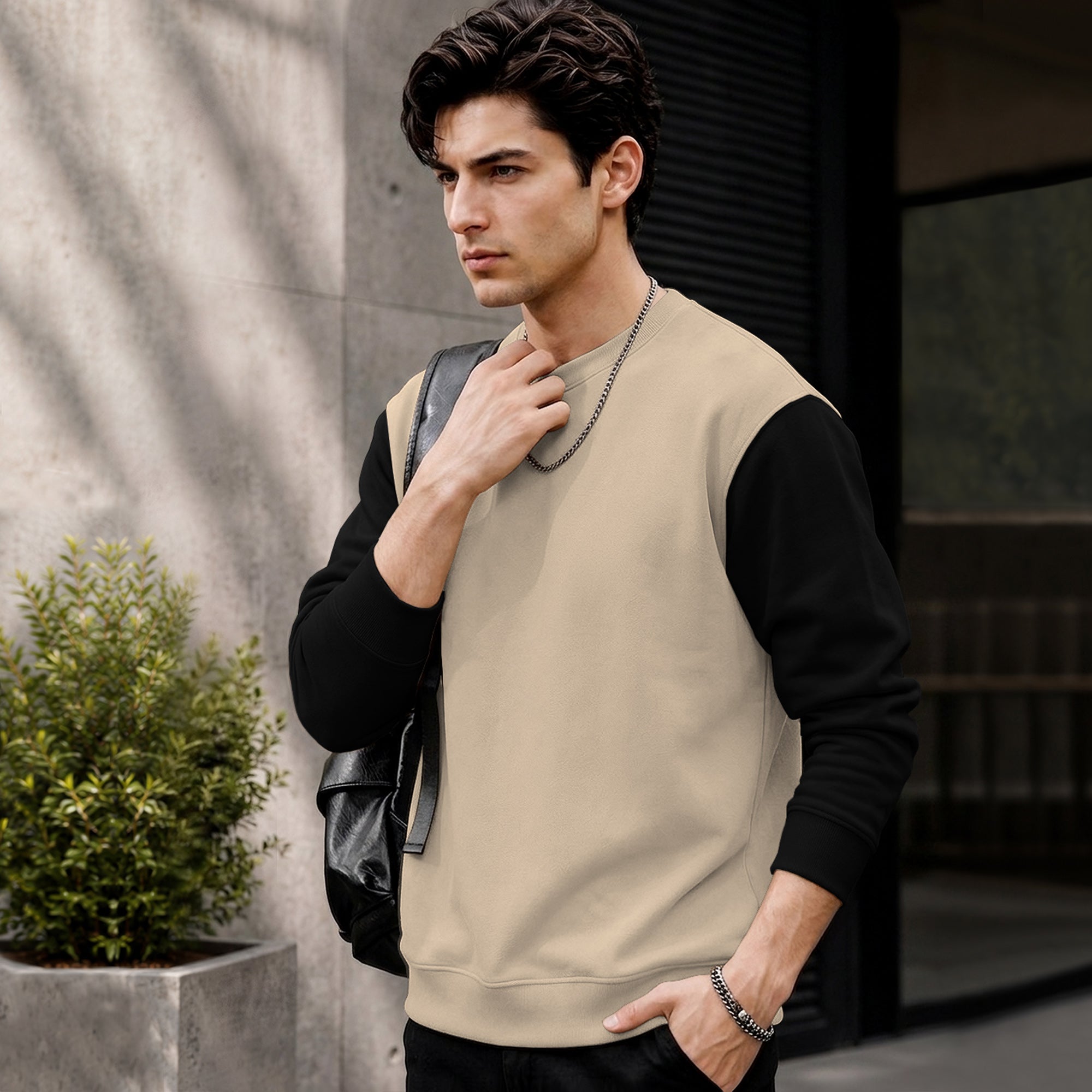 Mens Contrast Sleeve Round Neck Sweatshirt Beige