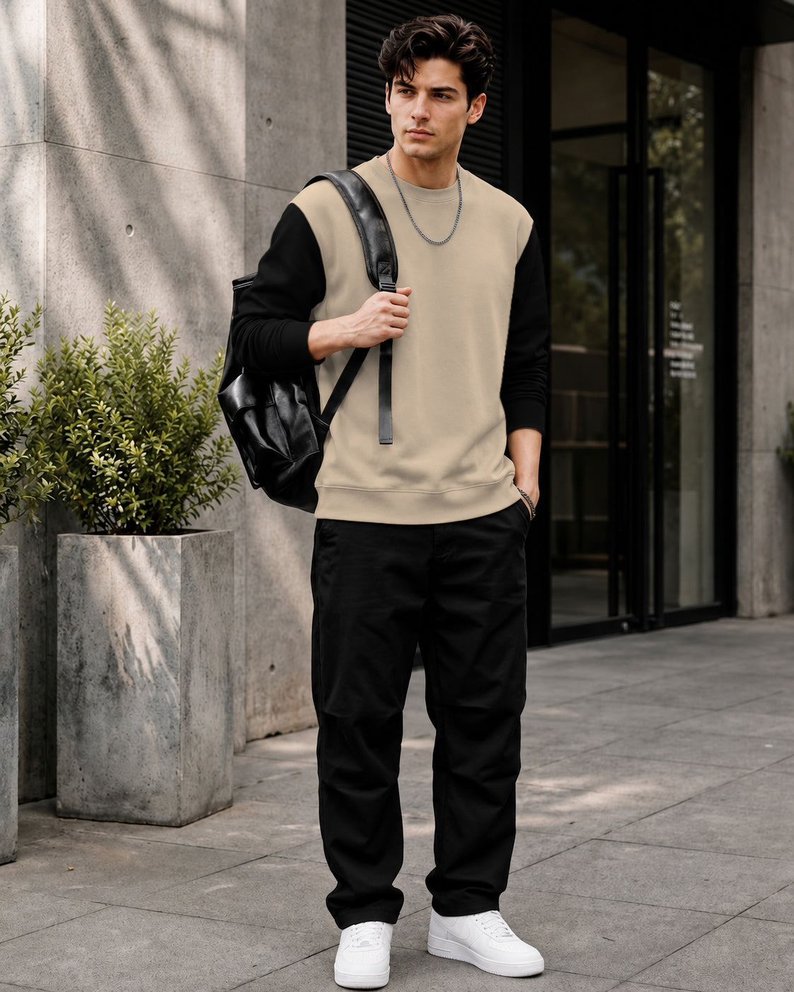 Mens Contrast Sleeve Round Neck Sweatshirt Beige