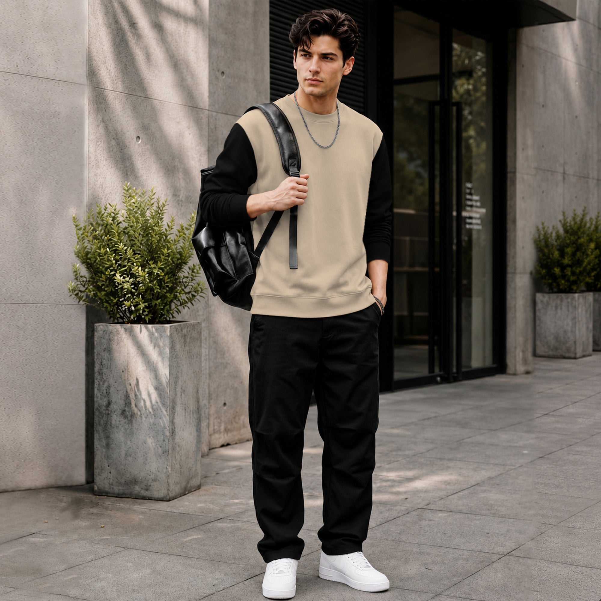 Mens Contrast Sleeve Round Neck Sweatshirt Beige