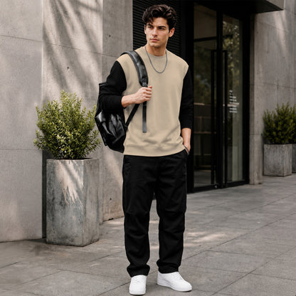 Mens Contrast Sleeve Round Neck Sweatshirt Beige